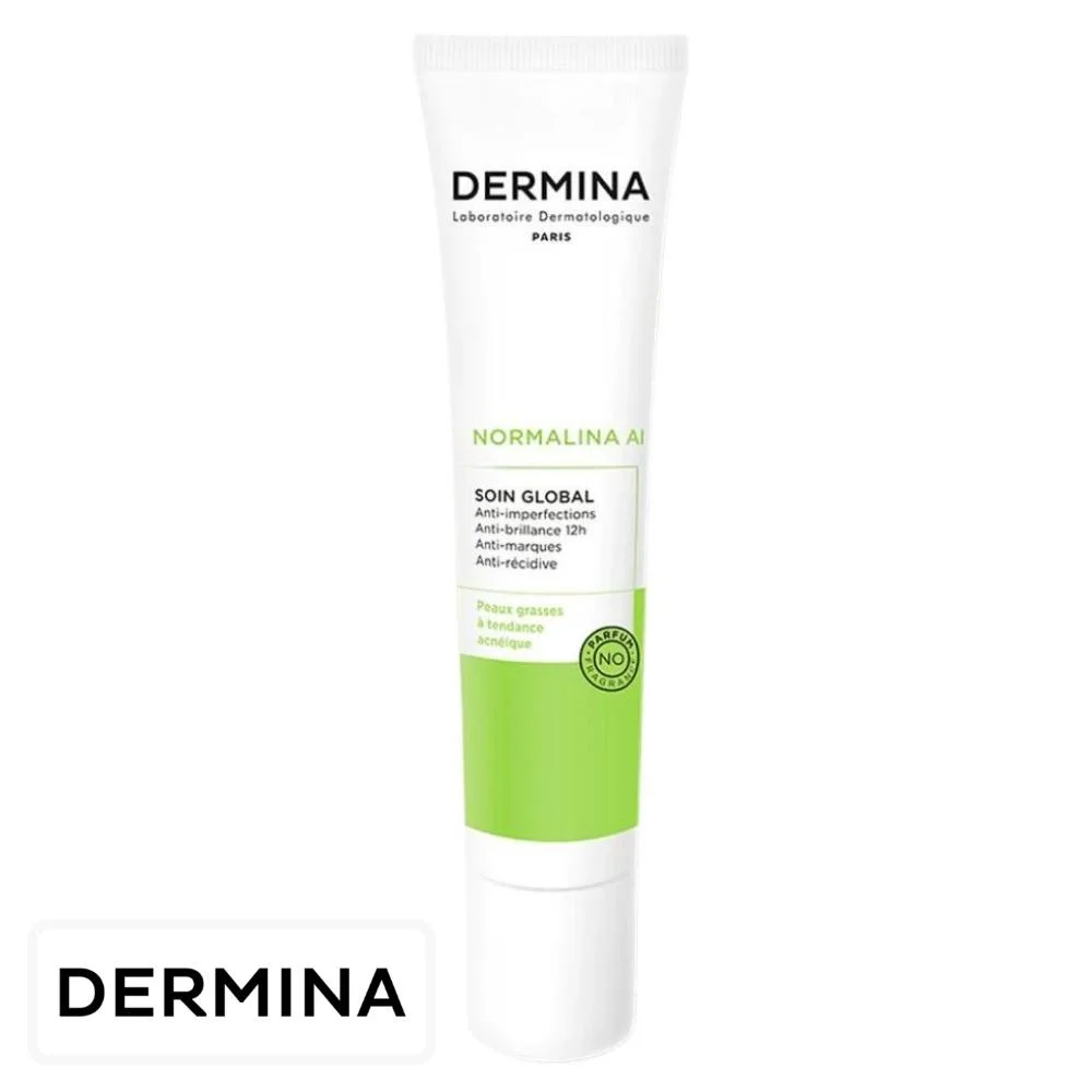 dermina-normalina-ai-soin-global-40ml.jpg Tube blanc et vert Dermina Normalina AI soin global visage