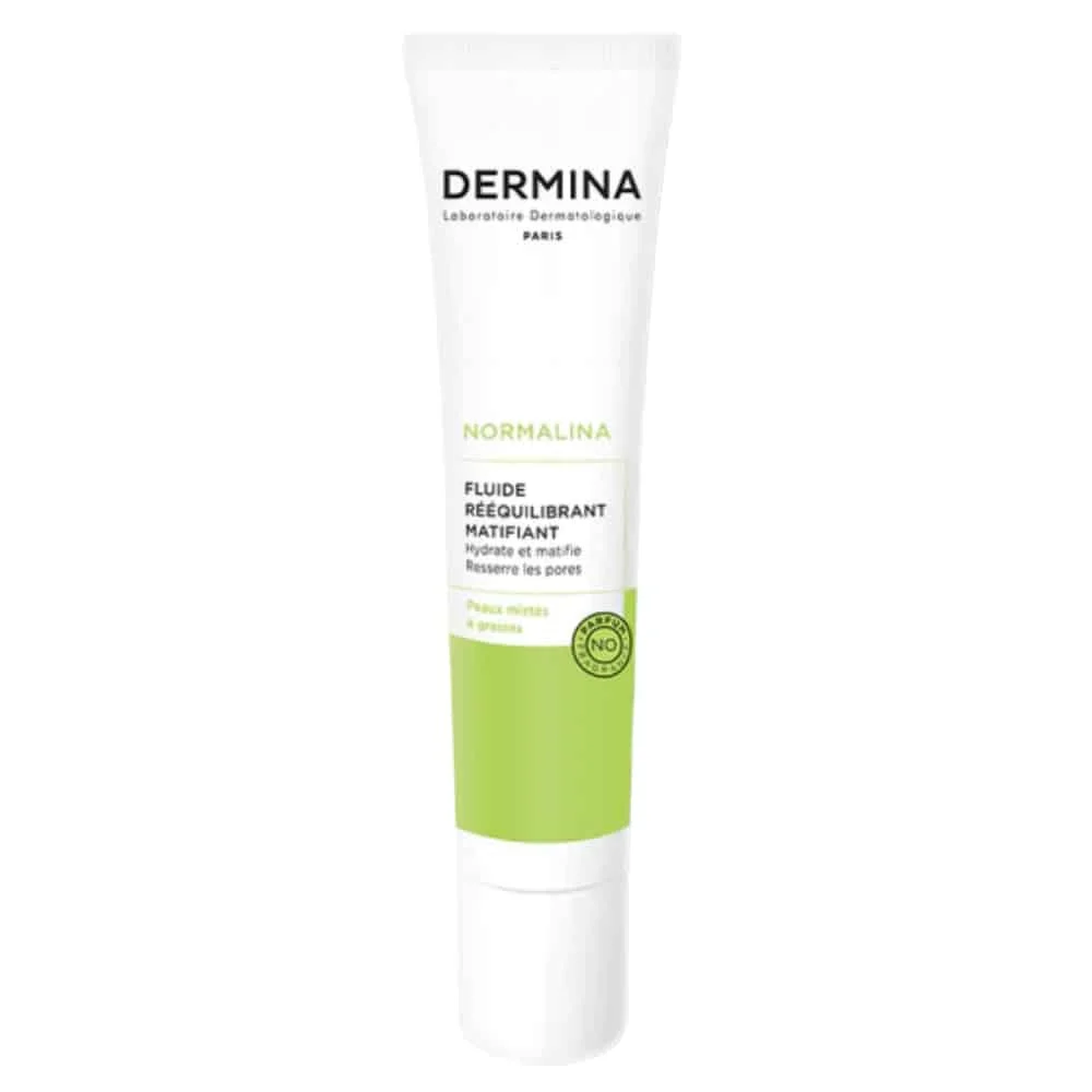 dermina-normalina-fluide-reequilibrant-matifiant-40ml.jpg Tube blanc et vert Dermina Normalina fluide rééquilibrant matifiant