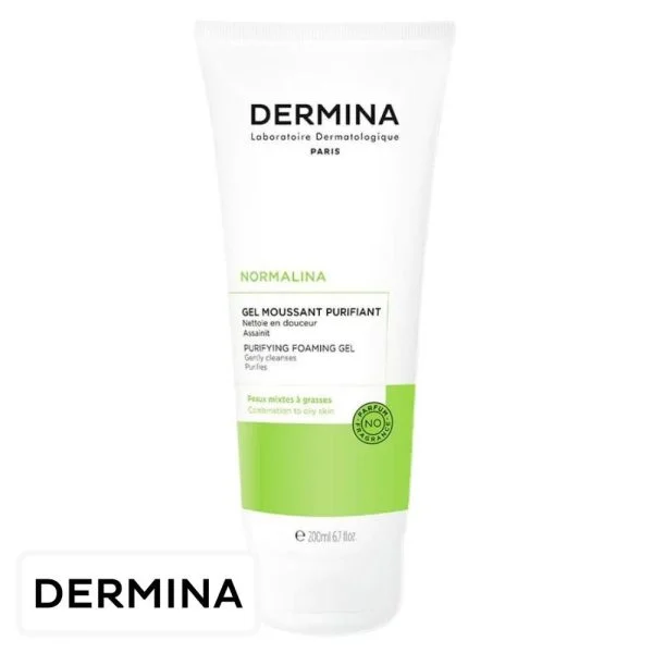 Tube vert et blanc Dermina Normalina gel moussant purifiant 200 ml