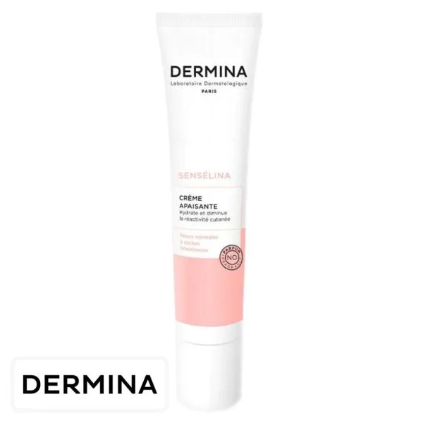 Tube blanc et rose Dermina Sensélina crème apaisante visage