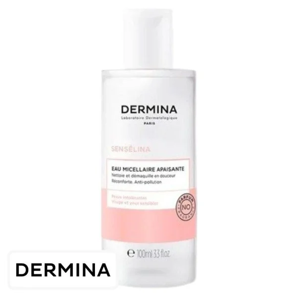 Flacon Dermina Sensélina eau micellaire apaisante 100 ml, étiquette rosée