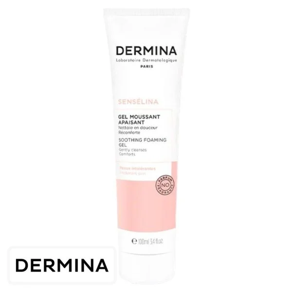 Tube blanc et rose Dermina Sensélina gel moussant apaisant 100 ml