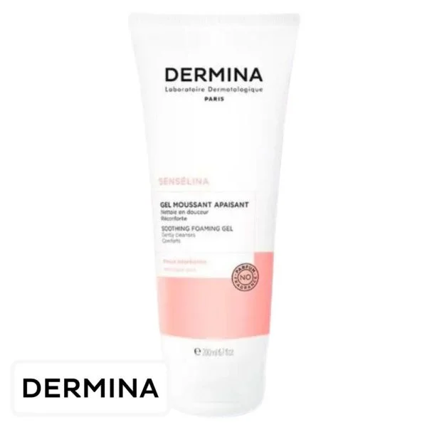Tube blanc et rose Dermina Sensélina gel moussant apaisant 200 ml