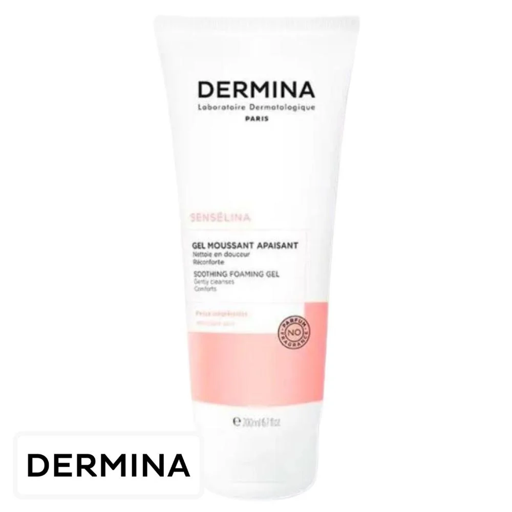 dermina-senselina-gel-moussant-apaisant-200ml.jpg Tube blanc et rose Dermina Sensélina gel moussant apaisant 200 ml