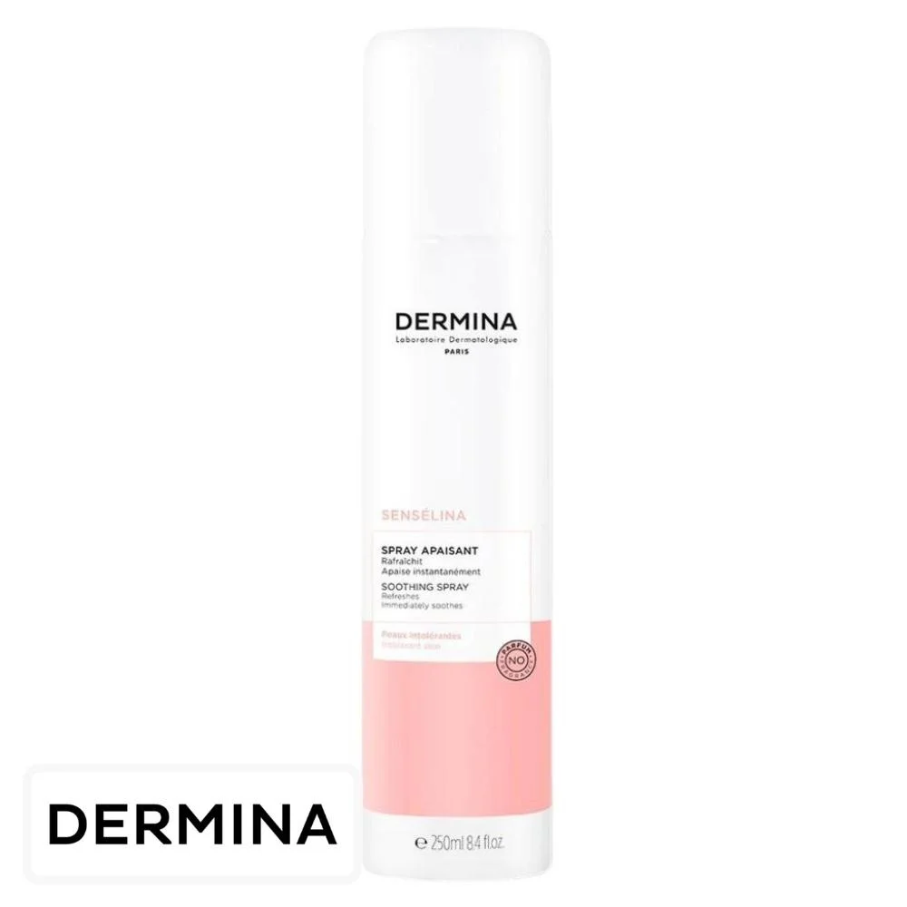 dermina-senselina-spray-apaisant-250ml.jpg Flacon spray blanc et rose Dermina Sensélina spray apaisant 250 ml