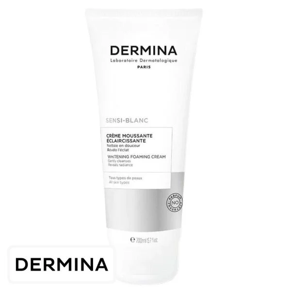 Tube blanc et gris Dermina Sensi-Blanc crème moussante éclaircissante