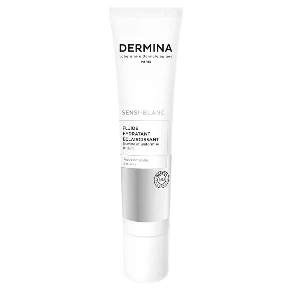 dermina-sensi-blanc-fluide-hydratant-eclaircissant-40ml.jpg Tube blanc et argenté Dermina Sensi-Blanc fluide hydratant éclaircissant