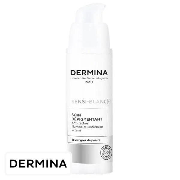 Flacon pompe airless blanc Dermina Sensi-Blanc+ soin dépigmentant anti-taches