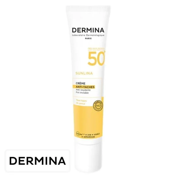 Tube blanc et jaune Dermina Sunlina crème anti-taches SPF50+ 40 ml