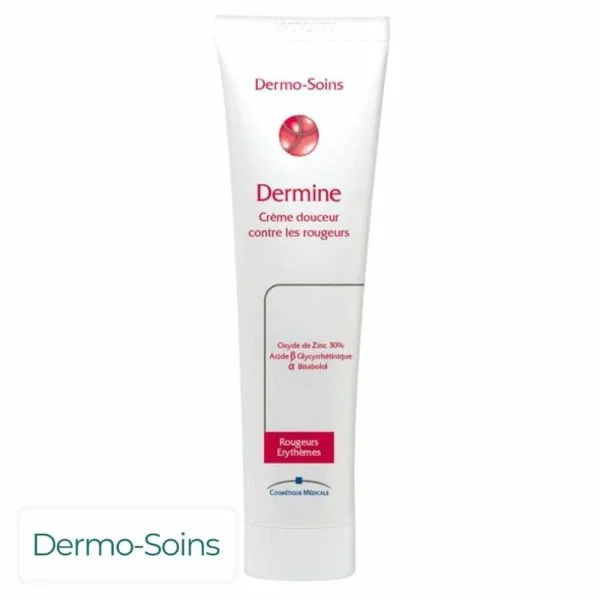 Tube blanc Dermine crème douceur contre les rougeurs, logo rouge 40 g