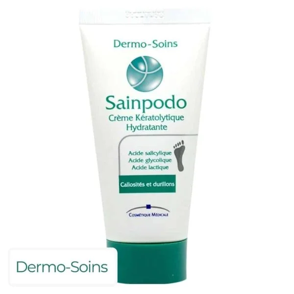 Tube blanc et vert Sainpodo crème kératolytique hydratante pieds 50 ml