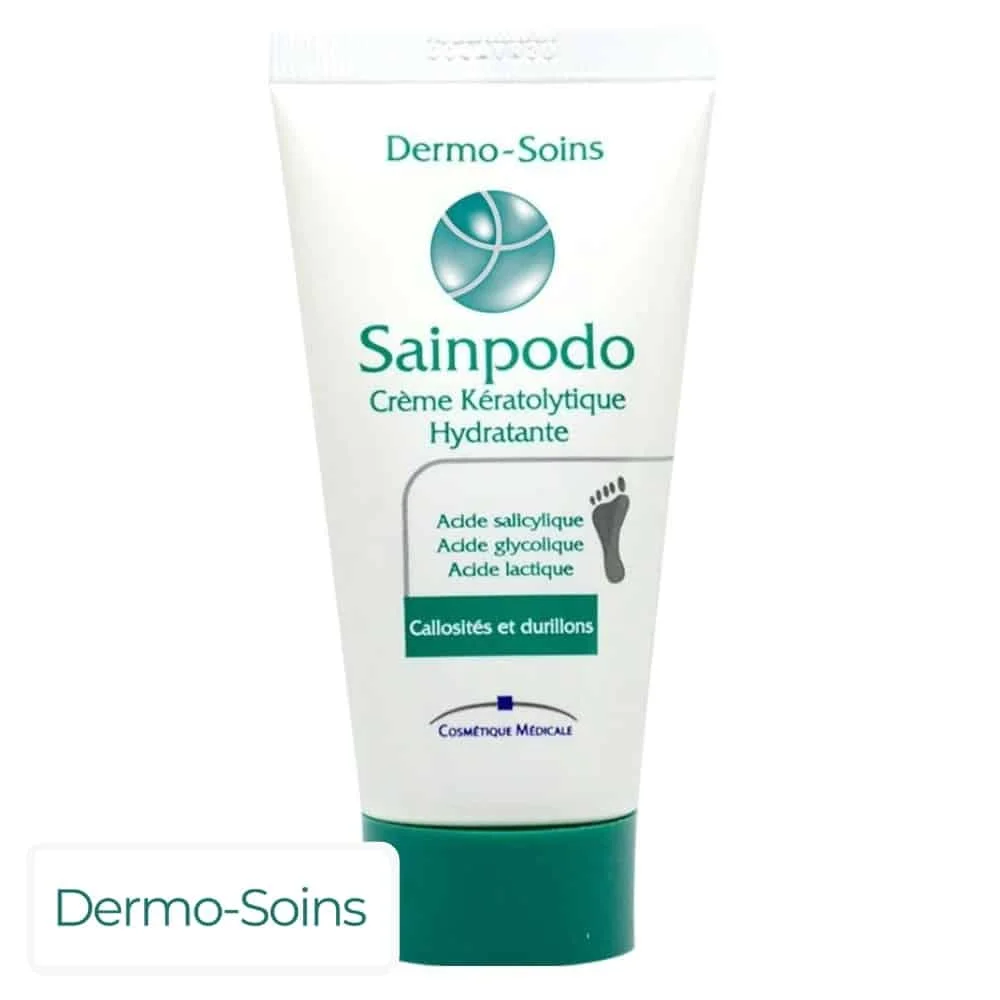 dermo-soins-sainpodo-creme-keratolytique-hydratante-50ml.jpg Tube blanc et vert Sainpodo crème kératolytique hydratante pieds 50 ml