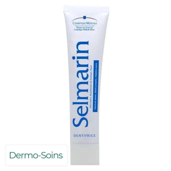 Tube blanc Selmarin dentifrice, lettrage bleu vertical, 80 g