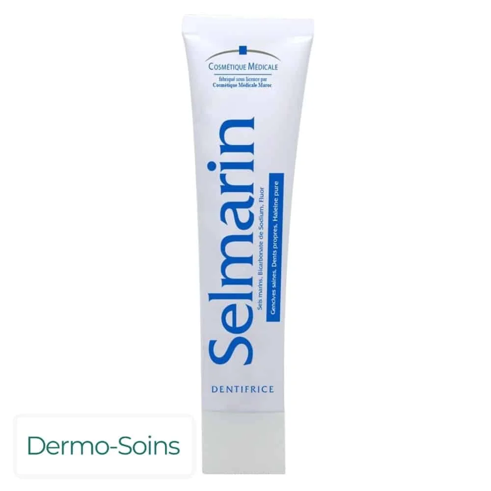 dermo-soins-selmarin-dentifrice-80g.jpg Tube blanc Selmarin dentifrice, lettrage bleu vertical, 80 g