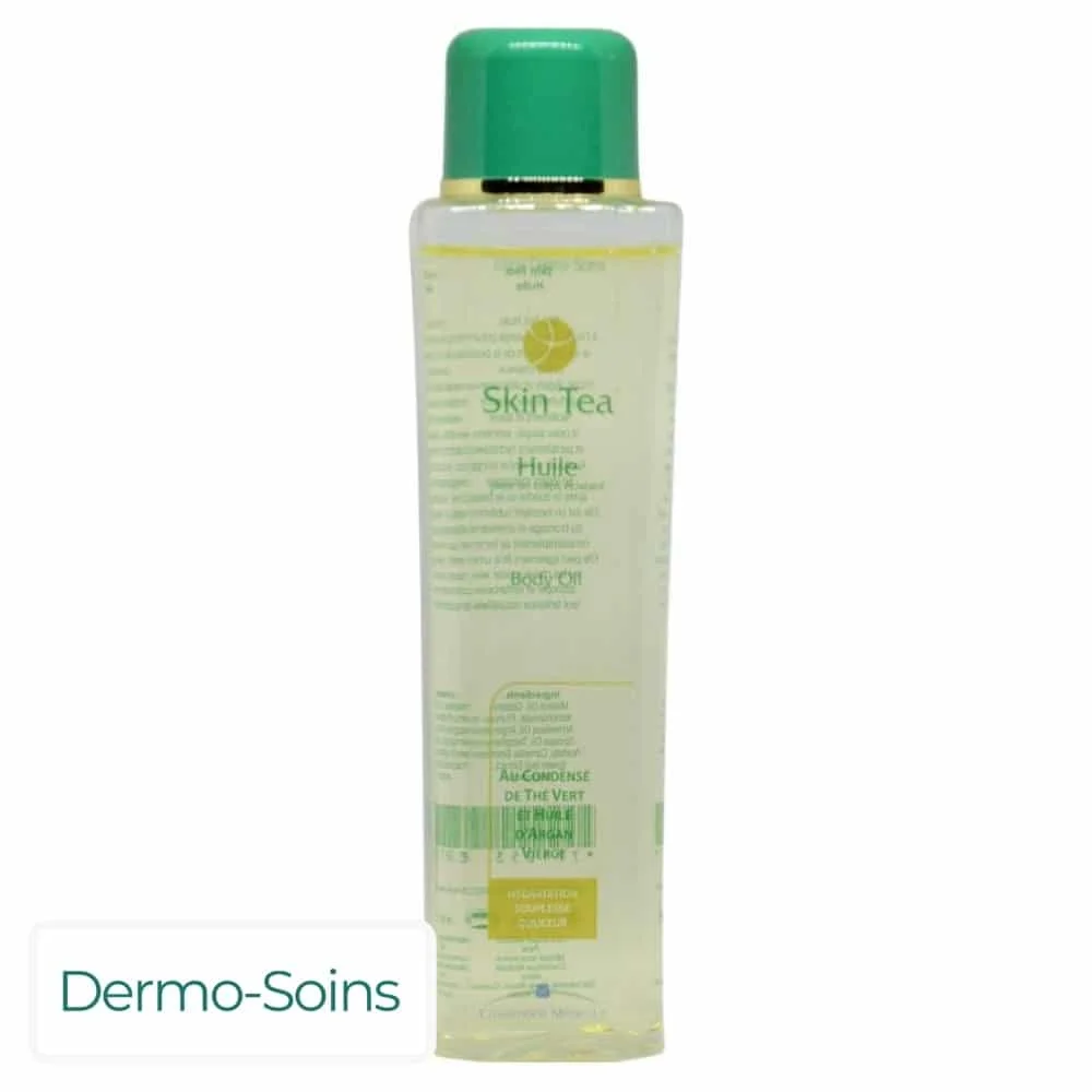 dermo-soins-skin-tea-huile-200ml.jpg Flacon transparent Skin Tea huile corps 200 ml, bouchon vert