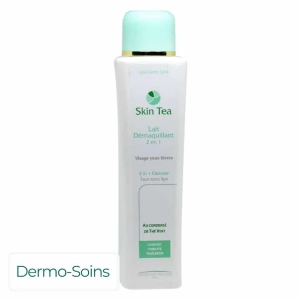 Flacon blanc Skin Tea lait démaquillant 2 en 1, bouchon vert clair