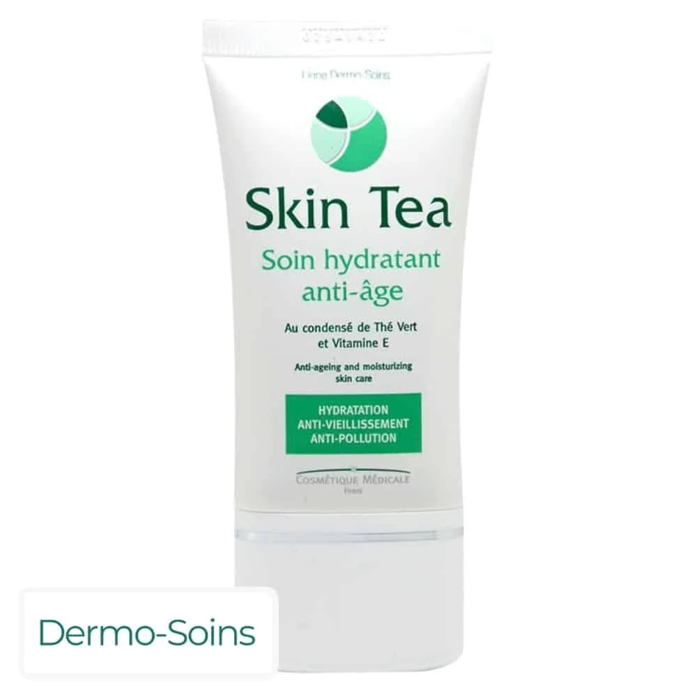 dermo-soins-skin-tea-soin-hydratant-anti-age-40ml.jpg Tube blanc Skin Tea soin hydratant anti-âge 40 ml, logo vert