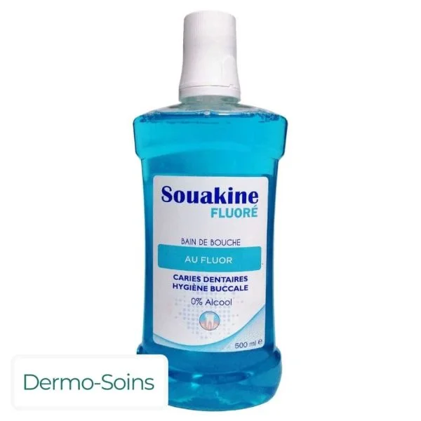 Flacon bleu Souakine bain de bouche fluoré 500 ml, bouchon blanc