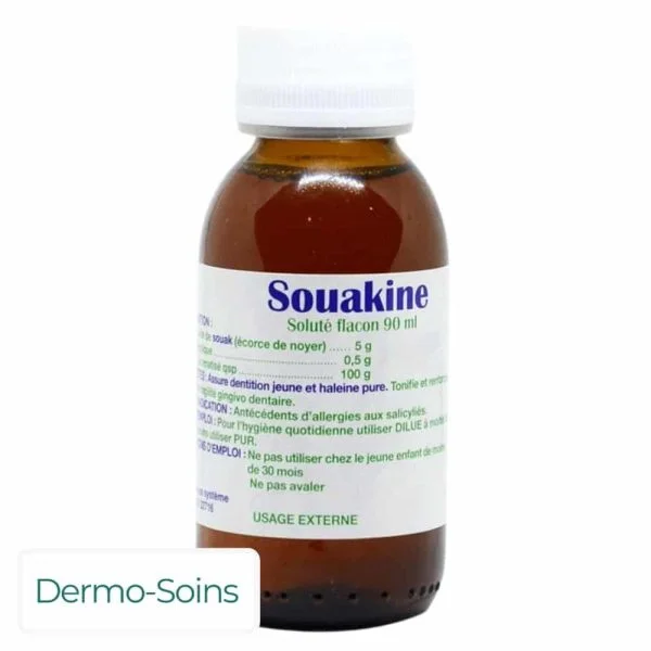 Flacon brun Souakine soluté 90 ml, étiquette blanche et bouchon blanc