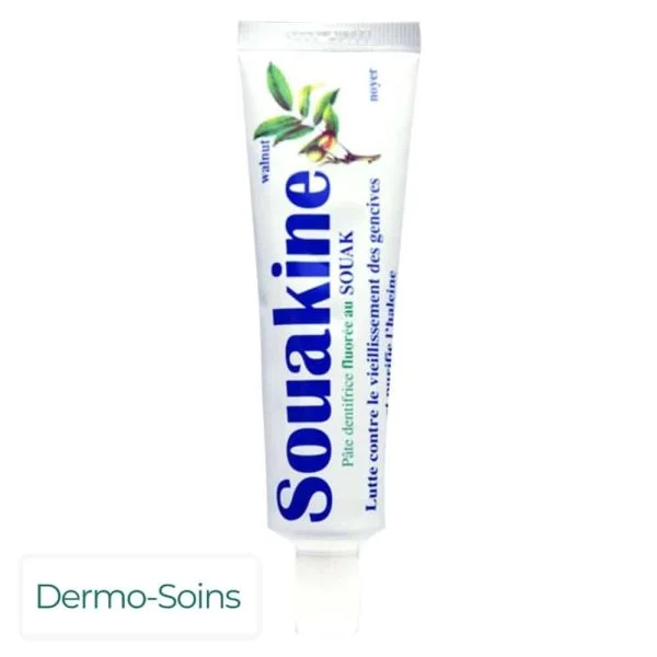 Tube blanc Souakine pâte dentifrice fluorée au souak, feuilles de noyer