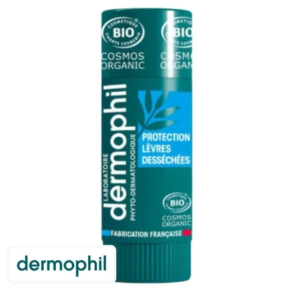 Stick vert Dermophil protection lèvres desséchées bio, label Cosmos Organic