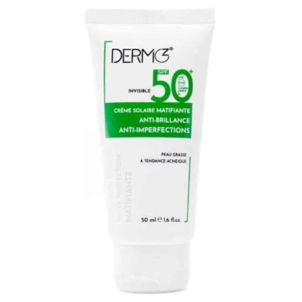Tube blanc et vert Dermoz crème solaire matifiante SPF 50+ 50 ml