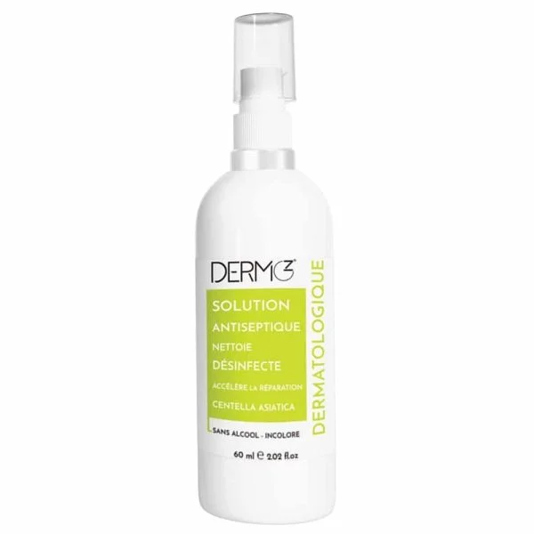 Flacon spray blanc Dermoz solution antiseptique 60 ml, étiquette verte