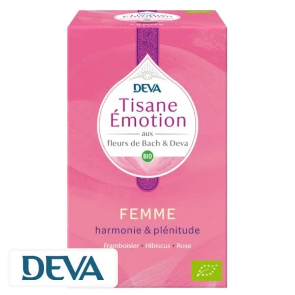 Boîte rose Deva Tisane Émotion Femme bio, 20 sachets, fleurs de Bach