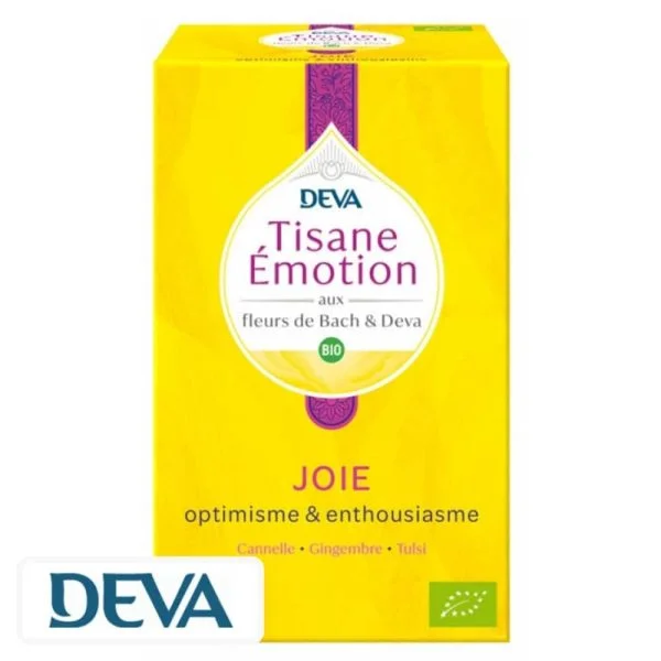Boîte jaune Deva Tisane Émotion Joie bio, 20 sachets, fleurs de Bach