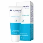 Tube et étui blanc et bleu DF Hydratante crème 24h, 50 ml