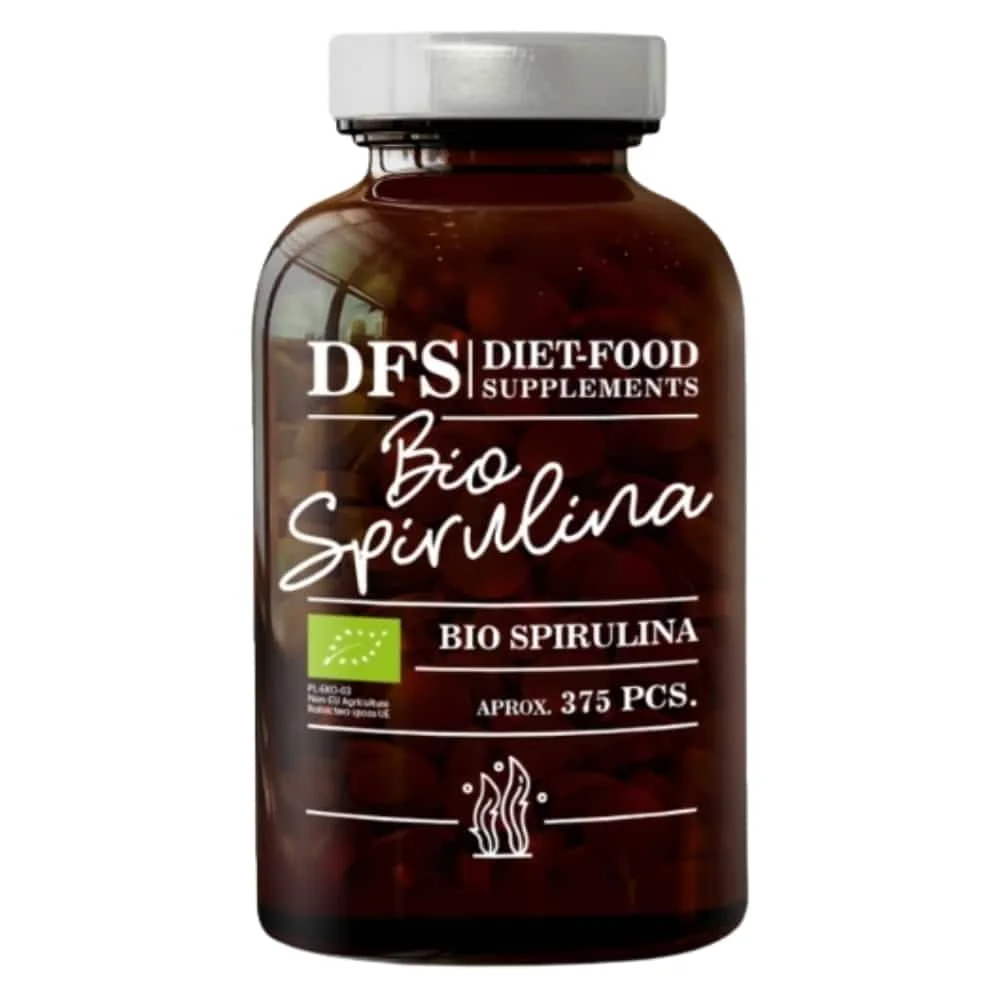 dfs-diet-food-supplements-spiruline-bio-375-comprimes.jpg Flacon de verre ambré DFS spiruline bio, environ 375 comprimés, bouchon blanc