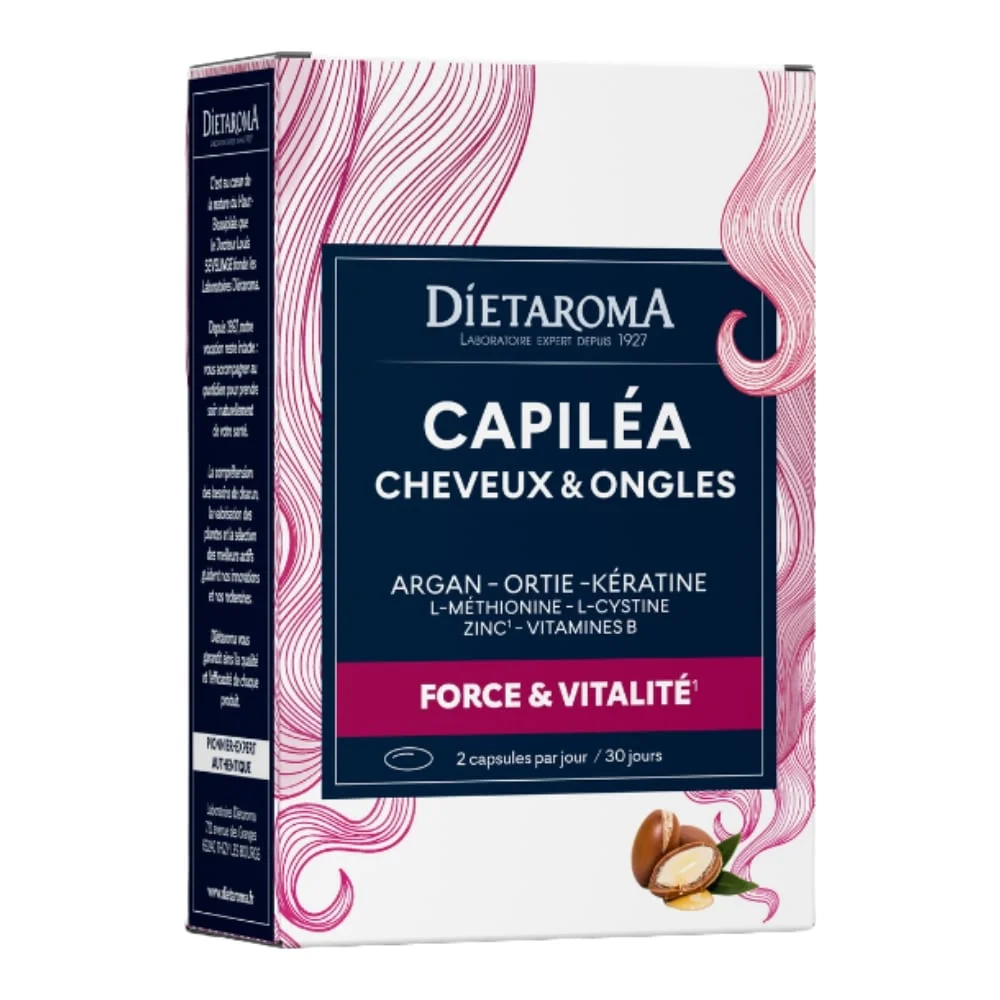 dietaroma-capilea-forti-cheveux-et-ongles-60-capsules.jpg Boîte blanche et rose Diétaroma Capiléa cheveux ongles argan ortie kératine