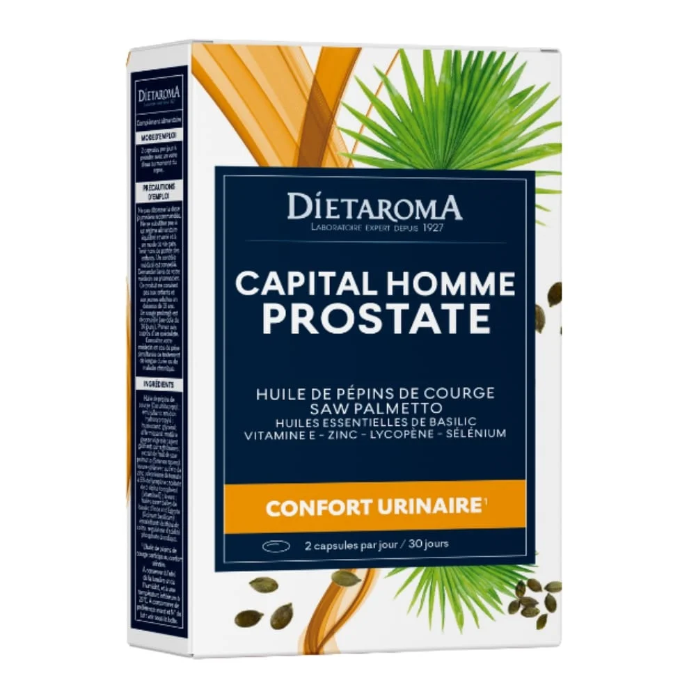 dietaroma-capital-homme-prostate-confort-urinaire-60-capsules.jpg Boîte blanche et orange Diétaroma Capital Homme Prostate pépins courge palmier