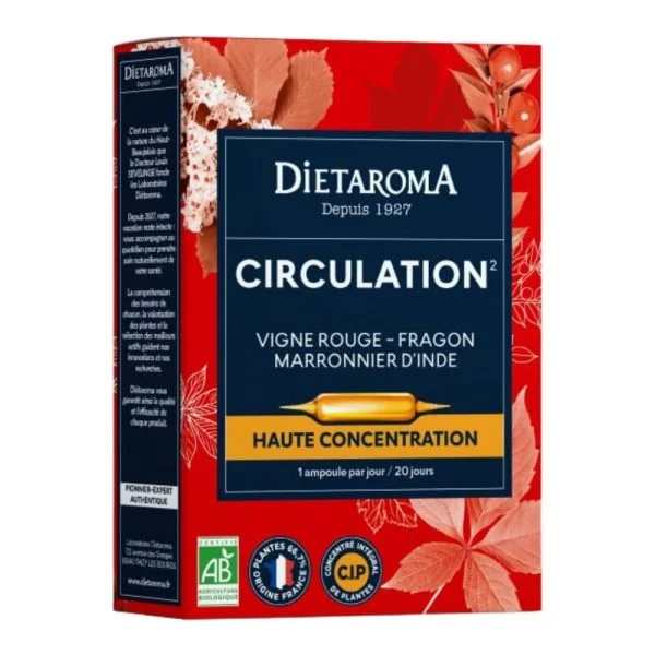 Boîte rouge Diétaroma Circulation ampoules bio vigne rouge feuilles automne