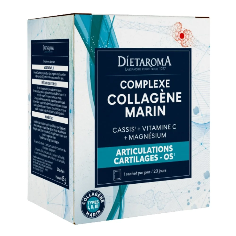 dietaroma-complexe-collagene-marin-articulations-cartilages-et-os-20-sachets.jpg Boîte bleue et blanche Diétaroma Complexe Collagène Marin 20 sachets articulations