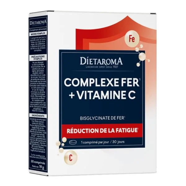 Boîte blanche et rouge Diétaroma Complexe Fer et Vitamine C 30 comprimés