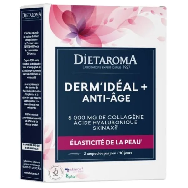 Boîte rose et bleue Diétaroma Derm'Idéal+ anti-âge collagène 20 ampoules
