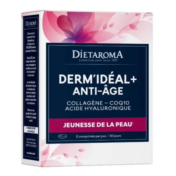 Boîte rose Diétaroma Derm'Idéal+ anti-âge collagène CoQ10 60 comprimés