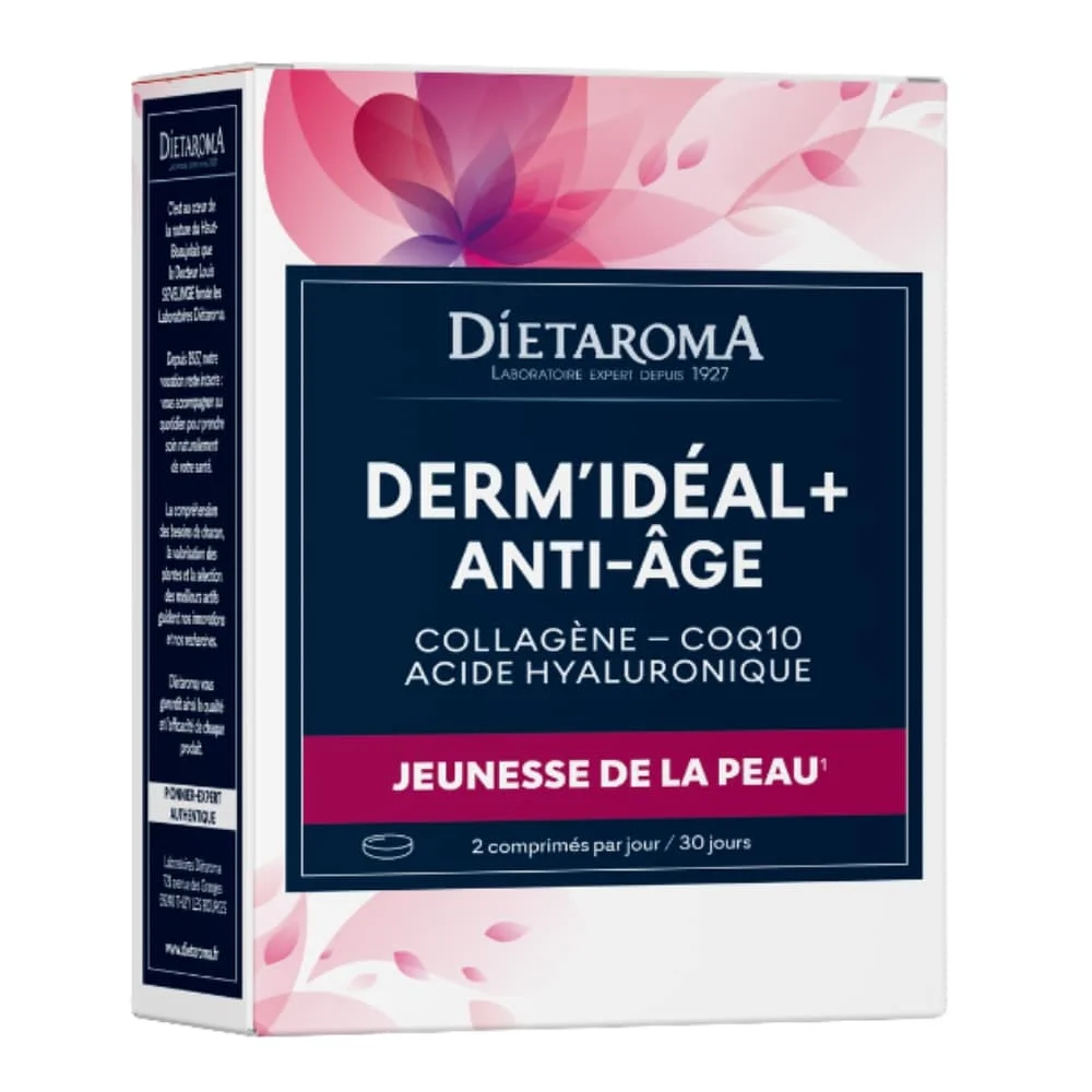 dietaroma-derm-ideal-plus-collagene-coq10-et-acide-hyaluronique-60-comprimes.jpg Boîte rose Diétaroma Derm'Idéal+ anti-âge collagène CoQ10 60 comprimés