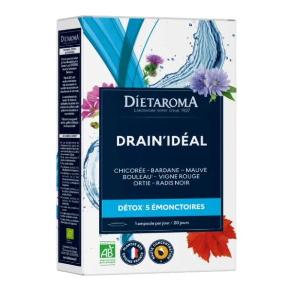 Dietaroma Drain Idéal Détox 5 Emonctoires Ampoules Haute Concentration Bio 20u