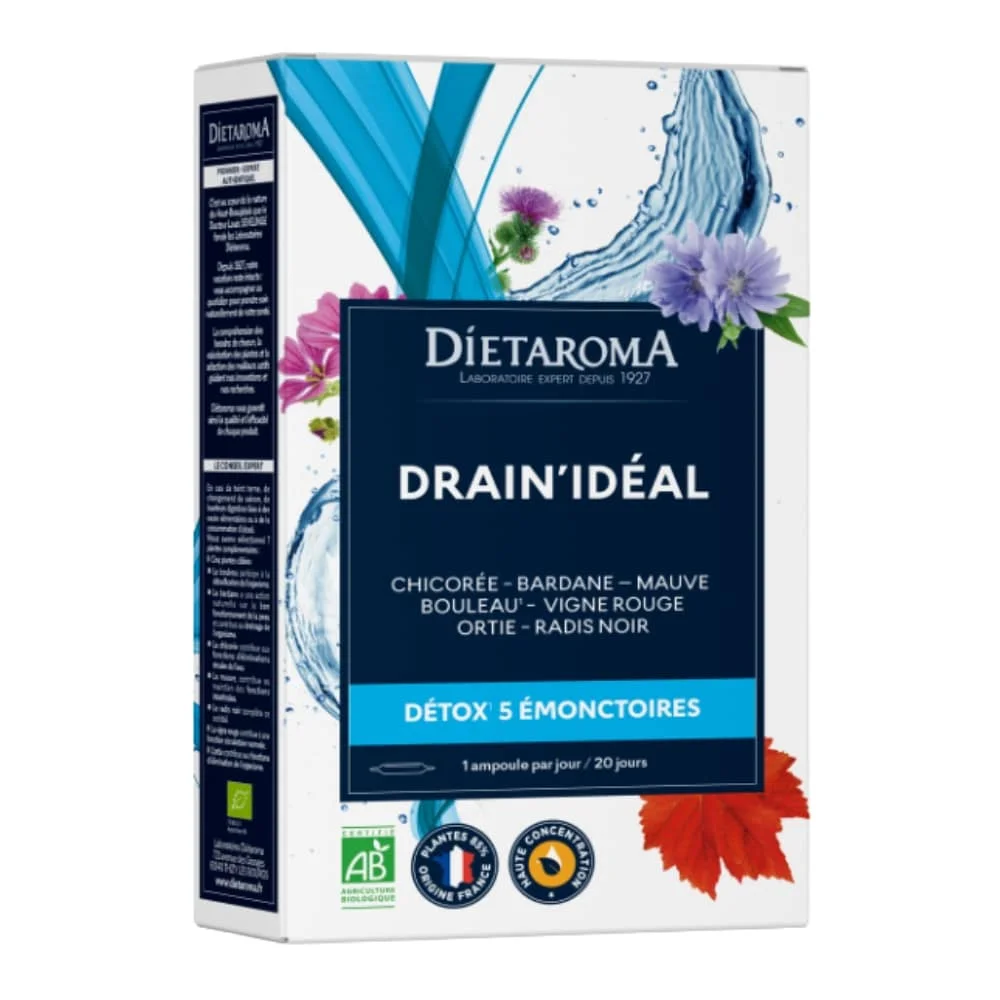 dietaroma-drain-ideal-detox-5-emonctoires-ampoules-haute-concentration-bio-20u.jpg Boîte bleue Diétaroma Drain'Idéal détox cinq émonctoires ampoules bio plantes