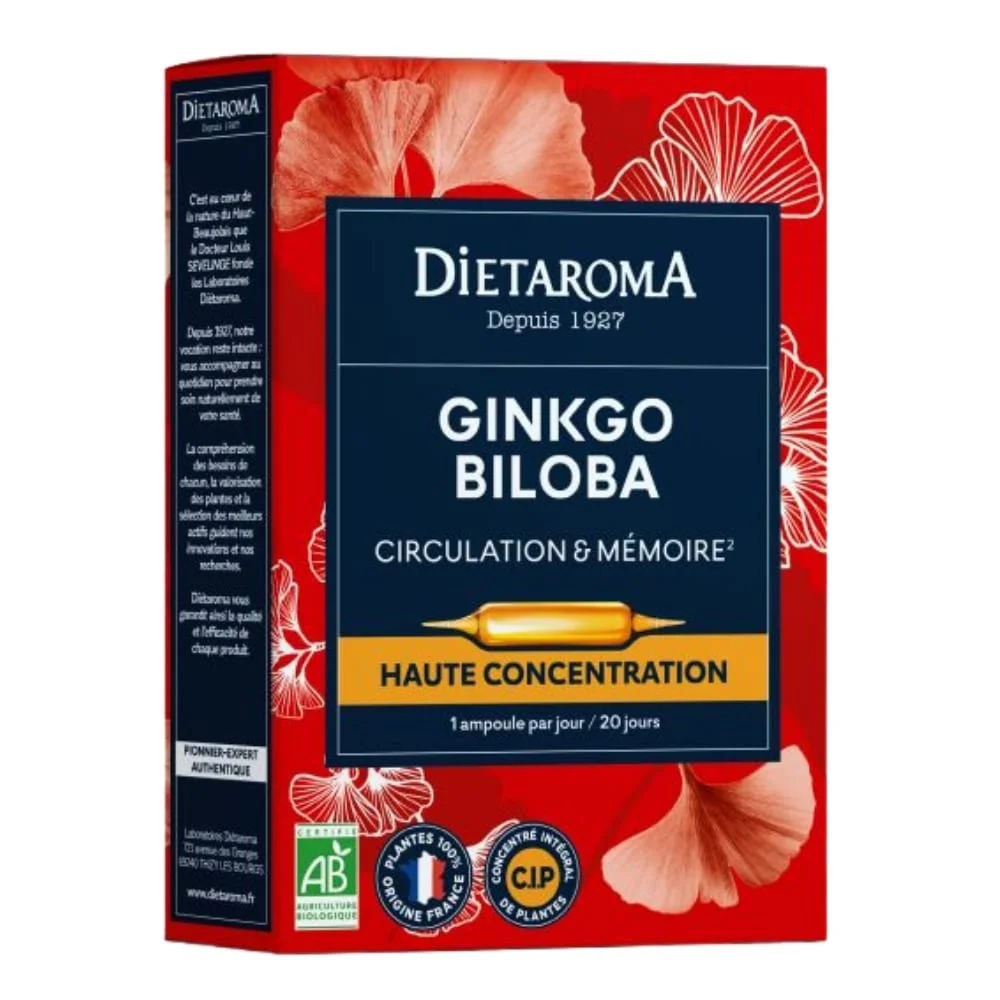 dietaroma-ginkgo-biloba-circulation-ampoules-haute-concentration-bio-20u.jpg Boîte rouge Diétaroma Ginkgo Biloba circulation mémoire ampoules haute concentration bio