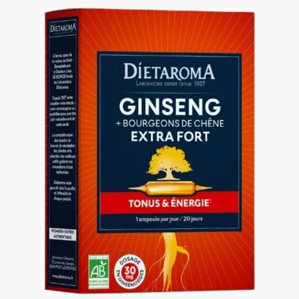 Dietaroma Ginseng + Bourgeons De Chênes Extra Fort Ampoules Tonus Et Energie Bio 20u
