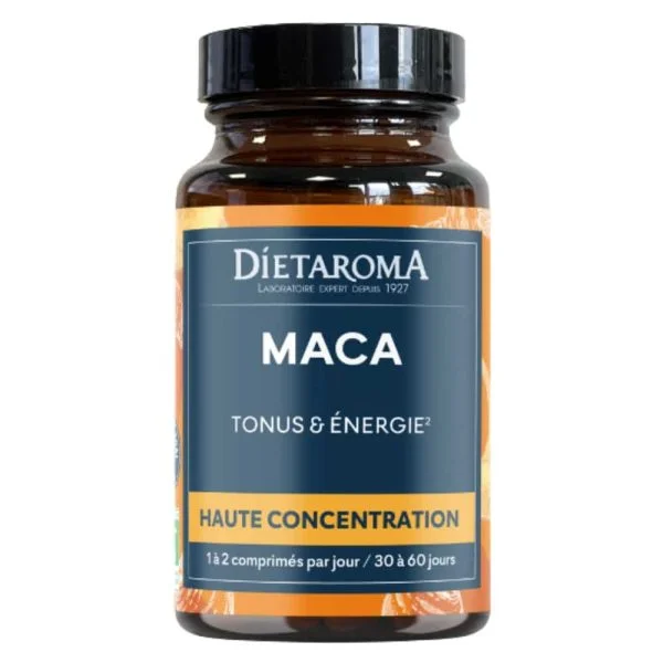 Pot en verre ambré Diétaroma Maca tonus énergie 60 comprimés