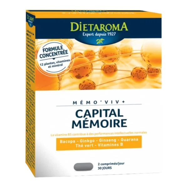 Boîte orange et blanche Diétaroma Mémo'Viv+ Capital Mémoire 60 comprimés