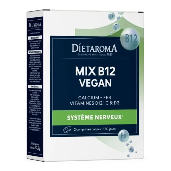 Boîte blanche et verte Diétaroma Mix B12 Vegan 60 comprimés