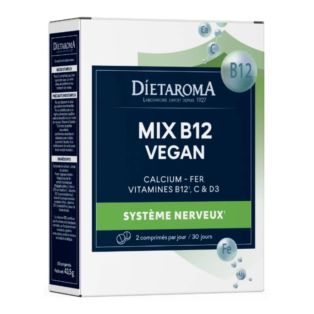 dietaroma-mix-b12-fer-d3-calcium-et-vit-c-vegan-60-comprimes.jpg Boîte blanche et verte Diétaroma Mix B12 Vegan 60 comprimés