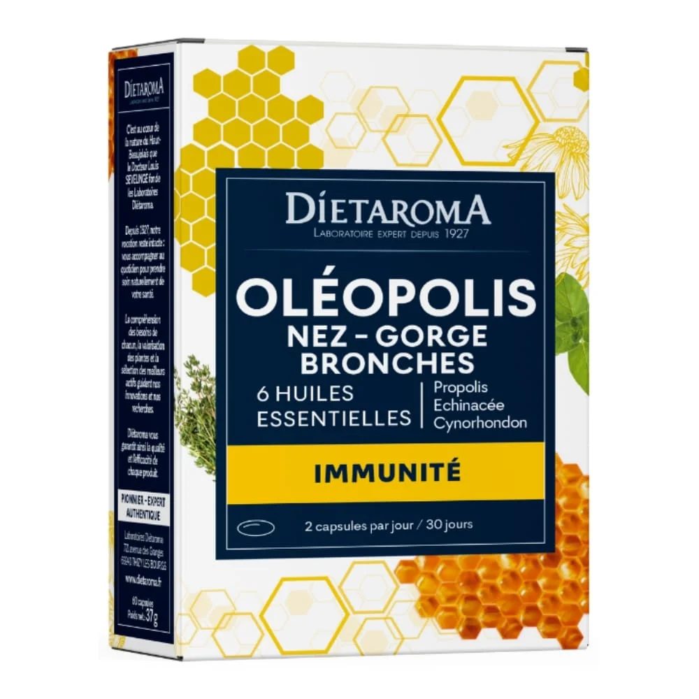 dietaroma-oleopolis-immunite-et-huiles-essentielles-60-capsules.jpg Boîte jaune et blanche Diétaroma Oléopolis immunité 60 capsules propolis