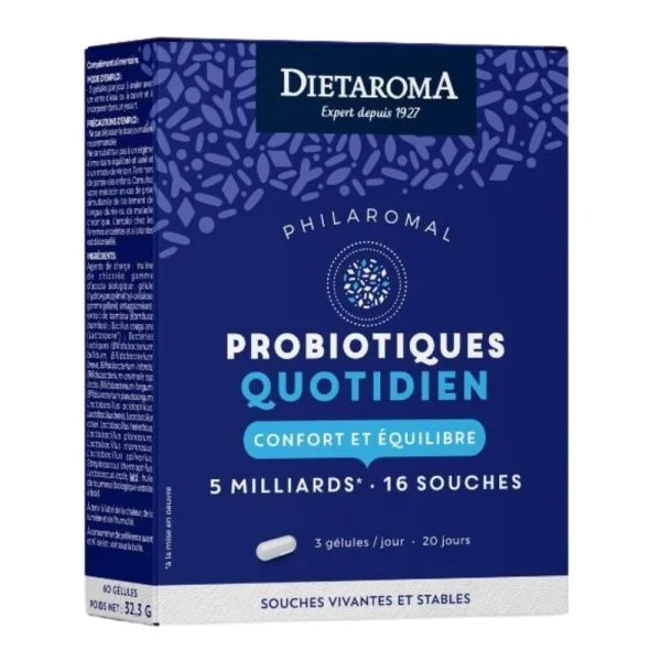 Boîte bleue Diétaroma Philaromal Probiotiques Quotidien Confort et Équilibre, 60 gélules