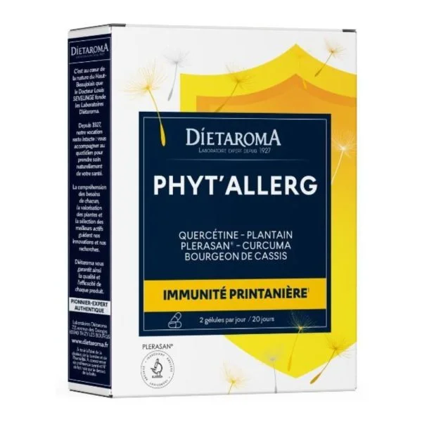 Boîte blanche et jaune Diétaroma Phyt'Allerg immunité printanière, 40 gélules